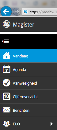 Vandaagscherm Op het vandaagscherm wordt diverse actuele informatie getoond. Onder de menu knop zitten diverse tabbladen. Het tabblad vandaag toont het rooster voor vandaag.