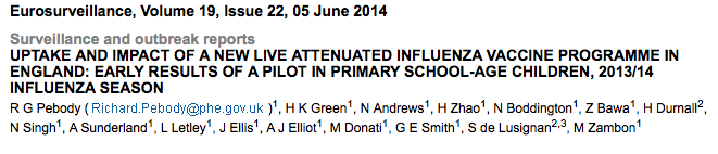 As part of the introduction and roll-out of a universal childhood live-attenuated influenza vaccination programme, 4 11 year-olds were vaccinated in seven pilot areas in England in the 2013/14