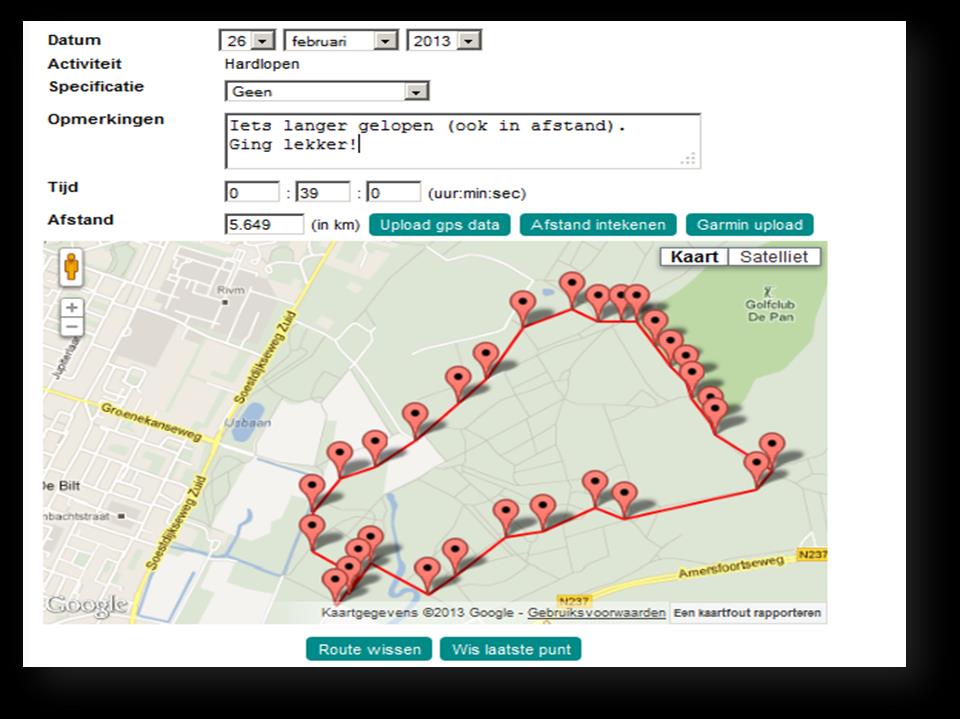 Voorbeeld met ingetekende kaart: De geplande en gelogde activiteit zijn nu aan elkaar gekoppeld en