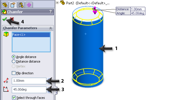 40 Klik in de Command- Manager op Extruded Boss/Base 1. Versleep de hoogte van de extrusie naar 20mm 2. Klik op OK. 41 Nu maken we de afschuining onder en boven.