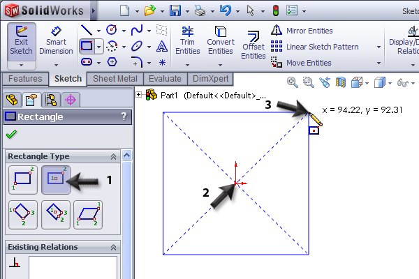 1 Start SolidWorks en open een nieuw part. 2 1. Selecteer het Top Plane 2. Klik in de Command- Manager op Sketch 3. Klik op Rectangle.