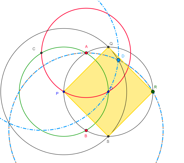 Cirkel met middelpunt C en gaande door O en cirkel met middelpunt B en gaande door A geven het punt D Cirkel met middelpunt P en gaande door D
