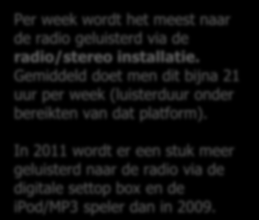 Luisterduur per platform (basis luistert via dat platform) 16 Gemiddeld aantal uren per week 2011 2009 Radio / stereo installatie 20,6 20,0 Draagbare radio 10,1 10,1 Digitale Settop Box 8,9 6,9