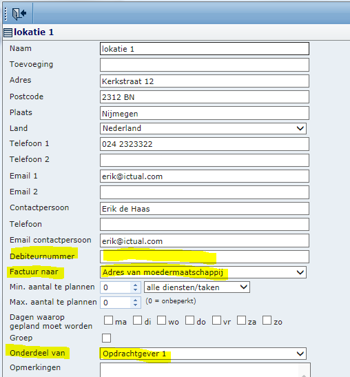 Lokaties Afbeelding 5: Lokatie oor de facturatie zijn met name de volgende items van de lokatie van belang: Adresgegevens Debiteurnummer Factuur naar Onderdeel van Indien de lokatie fungeert als