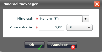 Hier kunt u de mineralen en concentratie invullen, wanneer deze ingevoerd zijn klikt u op Ok. U komt dan terug in het scherm meststoffen toevoegen.