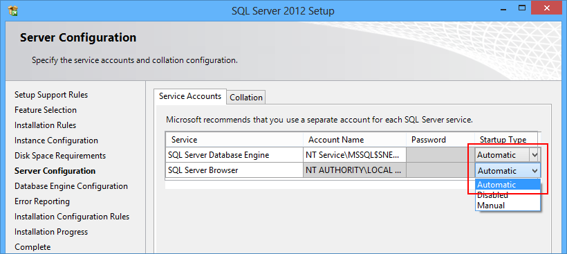 Zet in het nieuwe venster voor beide services (SQL Server Database