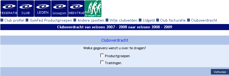 Scherm clubfacturatie 3.7. Cluboverdracht Met deze optie kan de seizoensoverdracht van seizoen X naar seizoen X+1 volbracht worden. Opgelet dit kan enkel door de administrator.