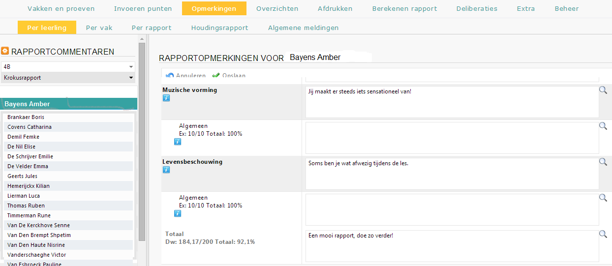 Ga naar het tabblad Opmerkingen: Via Per leerling worden alle vakken en het eindtotaal getoond voor de leerling en kan er voor elk leergebied en het eindtotaal een opmerking ingegeven worden.