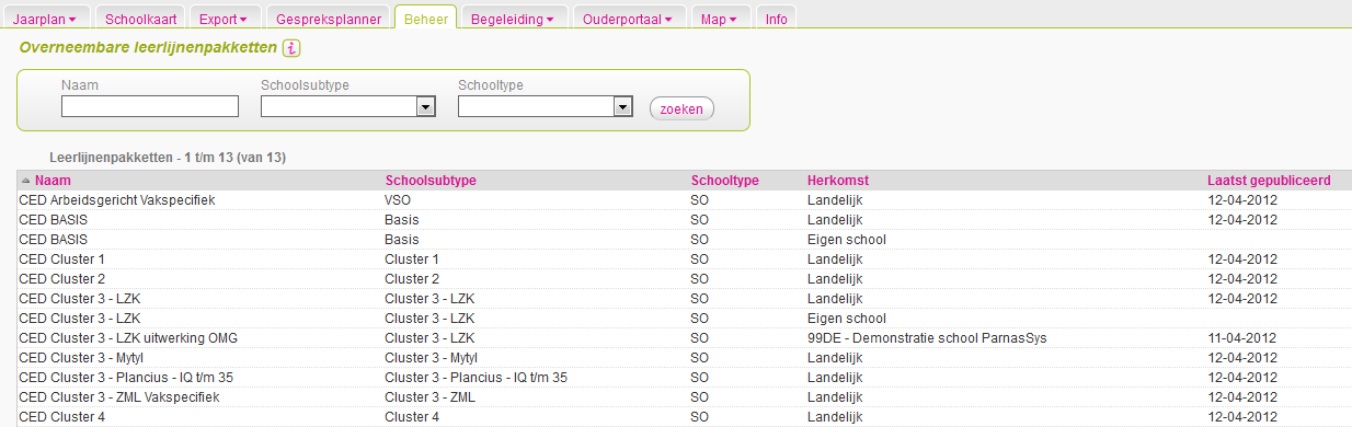 Klik vervolgens op leerlijnenpakketten overnemen (onderin het scherm). U komt nu in het scherm Overneembare leerlijnenpakketten.