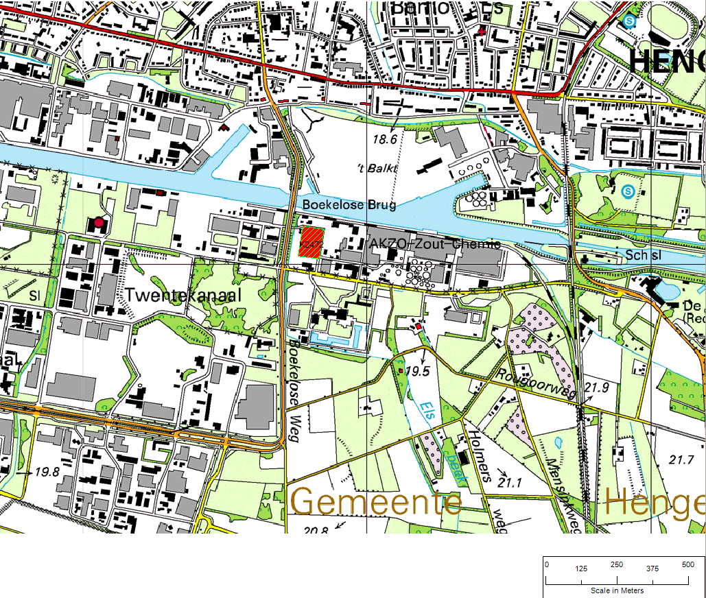 Figuur 2: Kaart van het zuiden van Hengelo waarop (in rood) de locatie van de pyrolysefabriek is weergegeven.