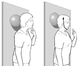 Oefening: 8 Kenmerk: ballon Uitgangshouding : Stand met rug tegen de muur. Plaats een ballon tussen het achterhoofd en de muur.