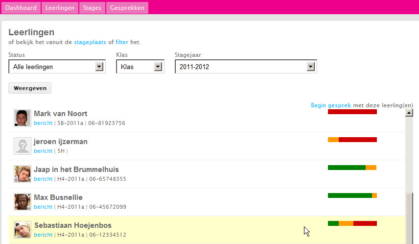 Overzichten van leerlingen en stageplaatsen Als Coördinator van een school overzie je alle klassen met alle leerlingen van de eigen school.
