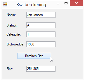 RSZ (versie 1: geen verschil arbeiders-bedienden + geen conversie) Public Class frmrsz Private Sub btnberekenrsz_click(sender As Object, e As EventArgs) Handles btnberekenrsz.