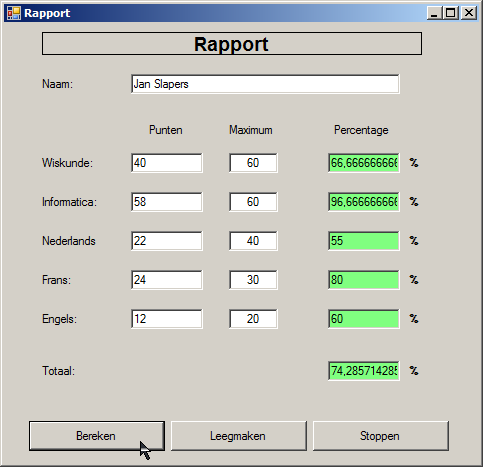 Option Strict Off Public Class frmrapport Rapport Private Sub btnbereken_click(byval sender As System.Object, ByVal e As System.EventArgs) Handles btnbereken.