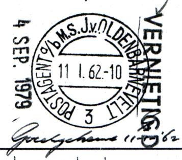 Het hamerstempel werd verstrekt op 12 oktober 1951. Op 11 december 1963 werd het stempel overgedragen aan het Postmuseum. Gebruiksperiode van oktober 1951 tot maart 1963. POSTAGENT a /b M.S. J.v.OLDENBARNEVELT 3 OBSS 0001 Vervaardigd door Numerofa in december 1961.