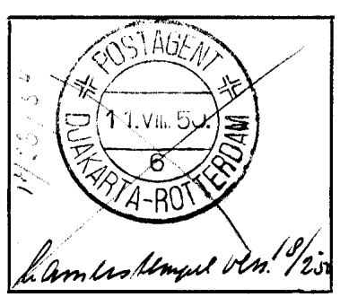 POSTAGENT DJAKARTA-ROTTERDAM 4 Het stempel was in gebruik op het motorschip SIBAJAK van de Rotterdamsche Lloyd. KBPS 0096 Opgeleverd door De Munt op 26 januari 1950.