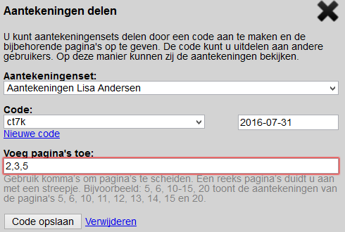 Zonder einddatum kan de code onbeperkt worden gebruikt. 6. Geef eventueel pagina s op waarvan je de aantekeningen of antwoorden wilt delen, anders worden alle pagina s gedeeld.