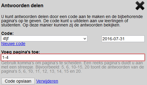 Voor antwoorden: open het antwoordenmenu: en klik op de knop Antwoorden delen via code: Het onderstaande venster verschijnt: Het antwoordenmenu kan alleen worden geopend als de Silverpoint antwoorden