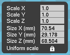 De bovenste waardes geven de schaal weer. Wanneer je het model inlaadt staat de schaal op 1.0. Vul de een 2 in, dan wordt het model 2x zo groot. Vul je 0,5 in, dan wordt je model 2x zo klein.