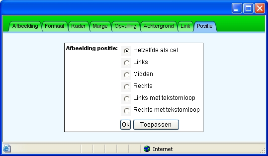 Kiest u voor hetzelfde als cel, dan is de uitlijning van de afbeelding gelijk aan de uitlijning van de cel waar de afbeelding in geplaatst is.