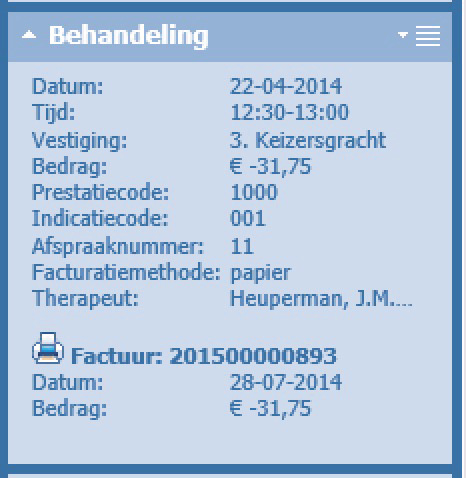 Declareeer en print: (Alleen beschikbaar bij de factuur op papier). Direct een factuur aanmaken van de geselecteerde behandeling en deze vervolgens uitprinten.