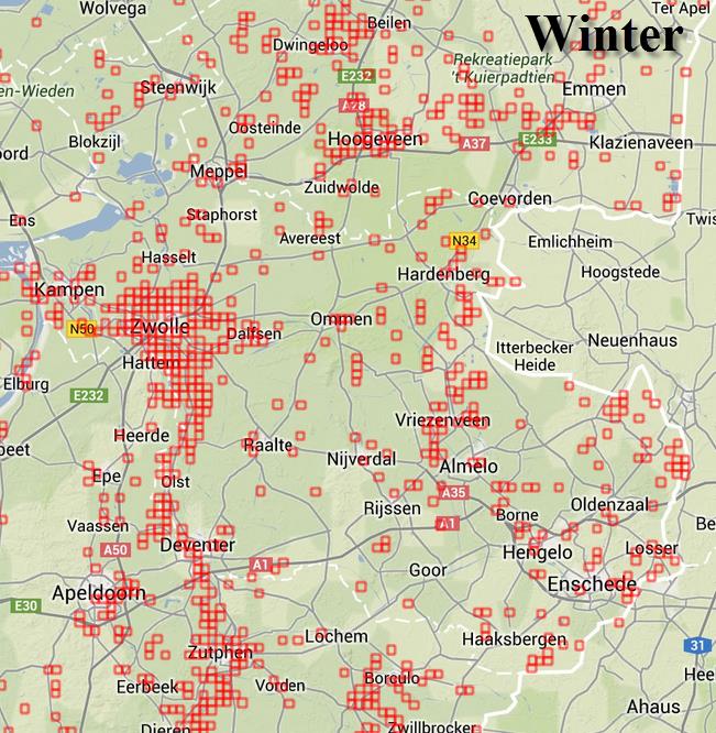 Figuur 14.2 Verspreiding van de Spreeuw in Overijssel in de winter en de zomer in de periode 2009-2013 (Bron: Waarneming.