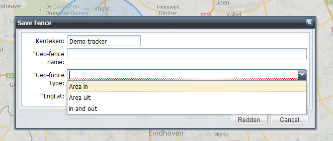 betreden en verlaten van de zone - *Activeer uw tracker (zie tracker activeren) - Klik nu op "save" (Redden) - De geo-fence wordt nu verstuurt naar de tracker *Tracker activeren Activeer uw tracker d.