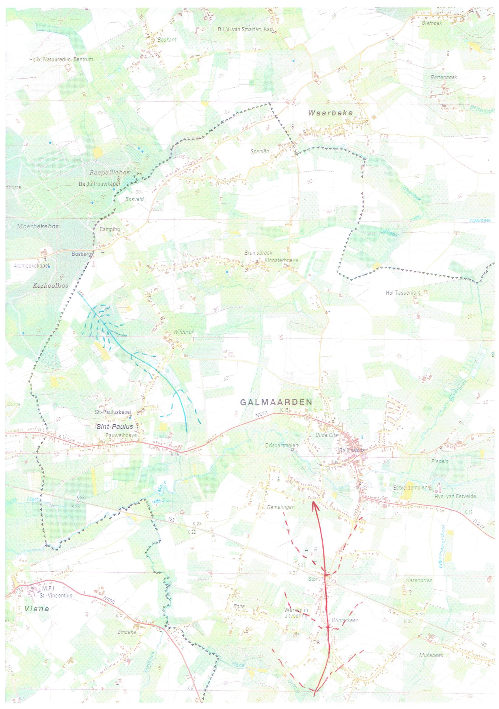 Figuur 42: A4-uitsnede topografische kaart met aanduiding waterscheidingslijn & droog dal Bron: NGI (Nationaal Geografisch Instituut),