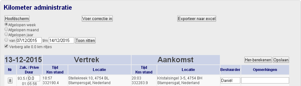 4.2 Km administratie (indien Km admin. mode op Basis of Detail staat). In het Km administratie overzicht kunt u over een bepaald periode ritten weergeven.