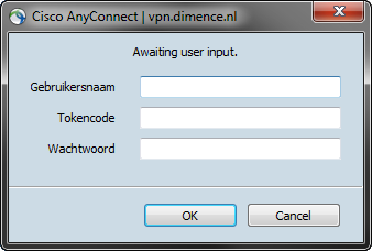 Klik op connect en het volgende venster opent zich: Vul bij Gebruiksnaam je inlognaam in, bijv. w.janssen Bij Tokencode vul je de code die het token genereert met als voorloop 1234, bv.