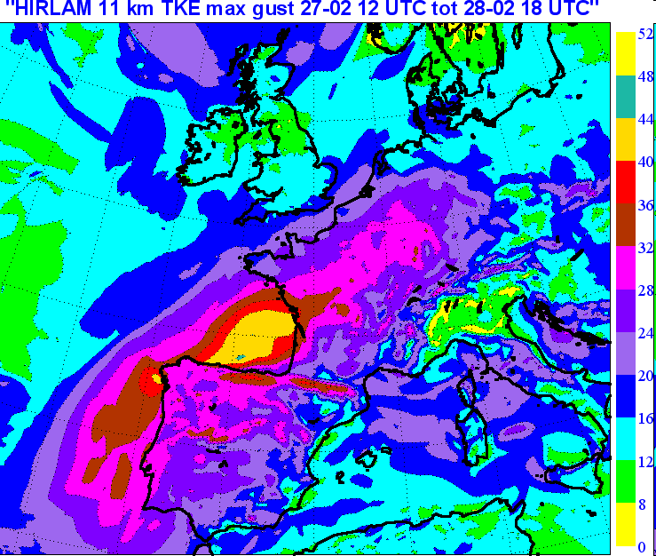 Xynthia: maximale windstoten Maximale windstoot in m/s berekend in het Hirlam model voor de duur van de storm Xynthia 27-28 feb 2010 40 m/s = 144 km/h Storm intensiveert van Madeira naar Portugal