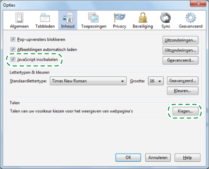 3 Configuratie 3 2. Klik op [Inhoud]. Zorg ervoor dat [JavaScript inschakelen] is geselecteerd. 3. Ga als volgt te werk om de taal te wijzigen die door TotalFlow Print Manager wordt gebruikt voor de gebruikersinterface: 1) Klik in het gedeelte [Talen] op [Kiezen].