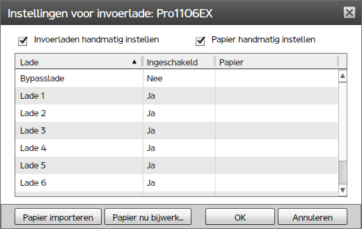 Laden en papier aan een printer toewijzen Wanneer de printer een passthrough-printer is, ziet u het selectievakje [Papier handmatig instellen], de knop [Papier importeren] of de knop [Papier nu