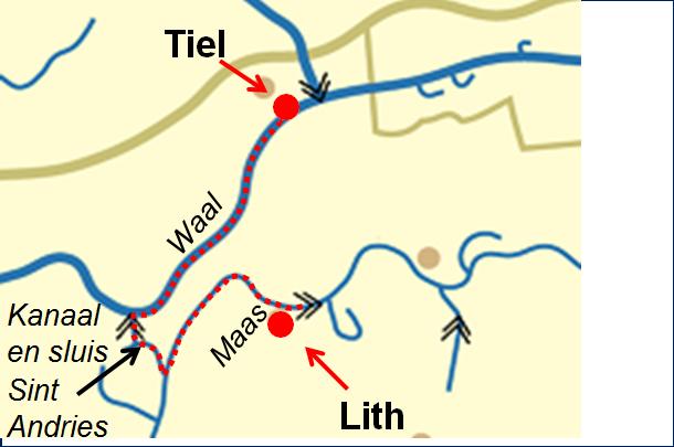 BPR U vaart van Lith via de Maas naar het Kanaal St.Andries. U schut via de sluis St.Andries naar de Waal en vaart naar Tiel.
