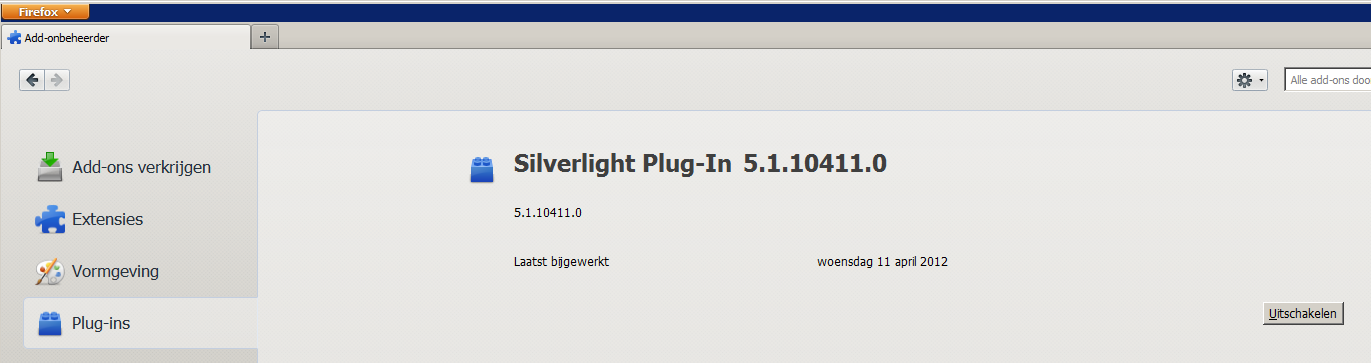 Firefox: Klik op Add-ons -> Plug-ins om de status van Silverlight in Firefox te controleren: Windows 8 Microsoft staat vanaf het startscherm geen browser-plugins toe.