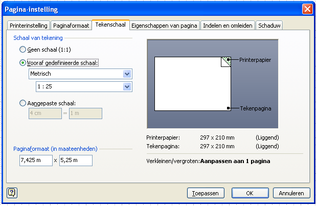 Stap 3 Ga naar het tabblad Paginaformaat. Je stelt hier het paginaformaat in waarop je tekent. Kies voor: Hetzelfde als papierformaat van printer. Klik op Toepassen en daarna op OK.