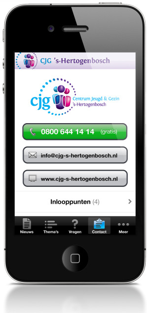 6. Eigenschappen In het voorbeeld hieronder zijn alle gegevens van CJG s-hertogenbosch ingevoerd. In het iphone screenshot zie je het resultaat zoals dat in de App te zien is.