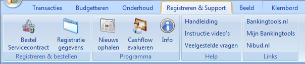 Tab Onderhoud Onder de tab Onderhoud zijn alle functies verzameld waarmee u rekeningen, rubrieken, rubriceerregels, relaties e.d. kunt beheren. Tab Registreren & Support Hier vindt u alle functies m.