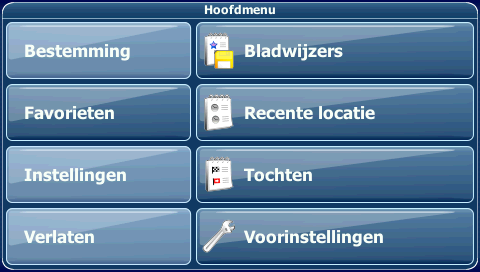 Het menu Favorieten verschijnt op het scherm: Bladwijzers De lijst Bladwijzers bevat bestemmingen die u hebt opgeslagen (uit de Zoekgidsen, via Adres