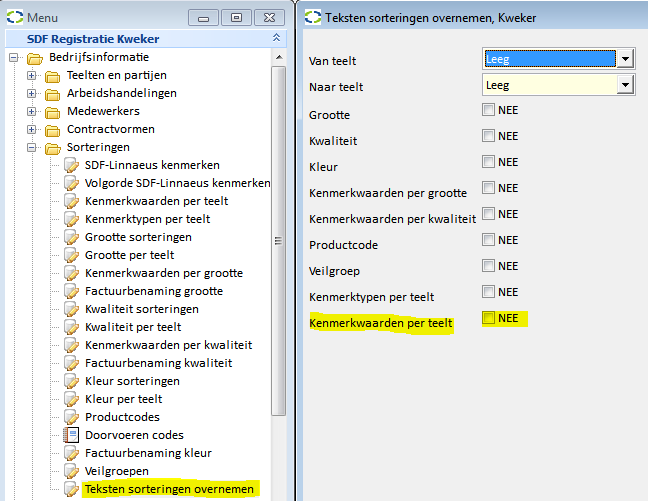 Kenmerkwaarden per teelt overnemen De kenmerkwaarden per teelt kunnen worden gekopieerd naar een andere teelt via de menuoptie Teksten sorteringen overnemen in Sorteringen.