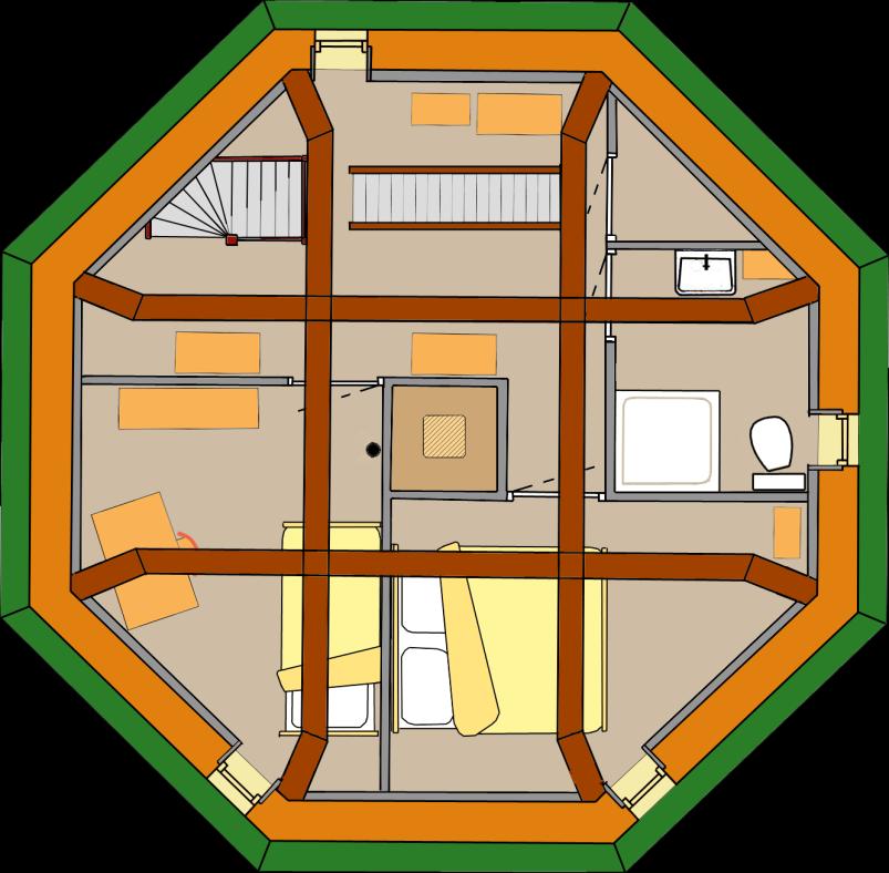 Op de plattegrond onderaan deze pagina staan ter verduidelijking de bintbalken ingetekend die zichtbaar zijn onder het plafond van de 1 e verdieping. A, B, C en D zijn de bintbalken.