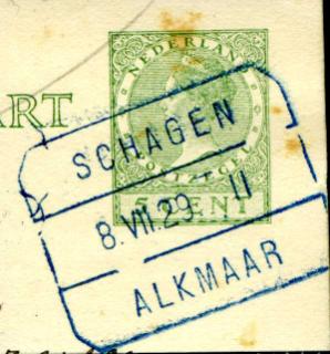BLTR 0008B Schagen-Alkmaar Cijfers: I II 1914-04-29 Op 29 april 1914 werden twee stempels verstrekt. Alleen de middenblokjes zijn afgedrukt op de bladzijde van Schagen van het stempelboek.