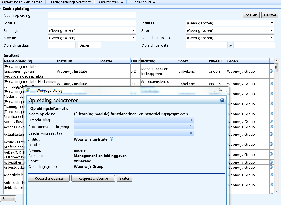 3.9 Opleidingen 3.9.1 Door de bibliotheek bladeren Om het gebruik van de opleidingsmodule te vereenvoudigen, is er op de startpagina van deze module een extra button geplaatst, namelijk Opleidingenbibliotheek.