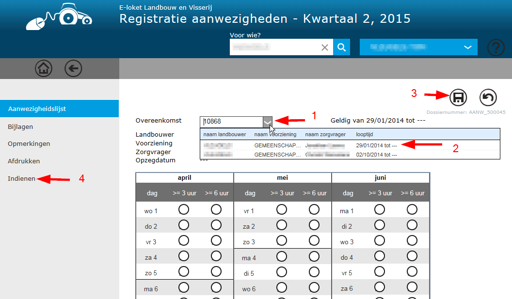 automatisch ingevuld. Nu klikt u eerst op opslaan (3). Nu kunt u de aanwezigheden aanvinken. Bent u klaar met aanvinken, klik dan terug op opslaan.