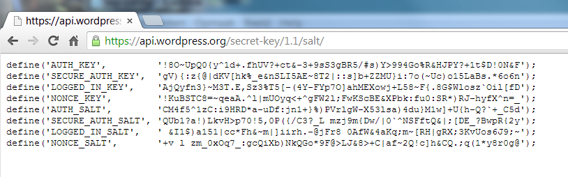 Stap 4 (vervolg) Ga naar deze site om de keys te genereren: https://api.wordpress.org/secret-key/1.