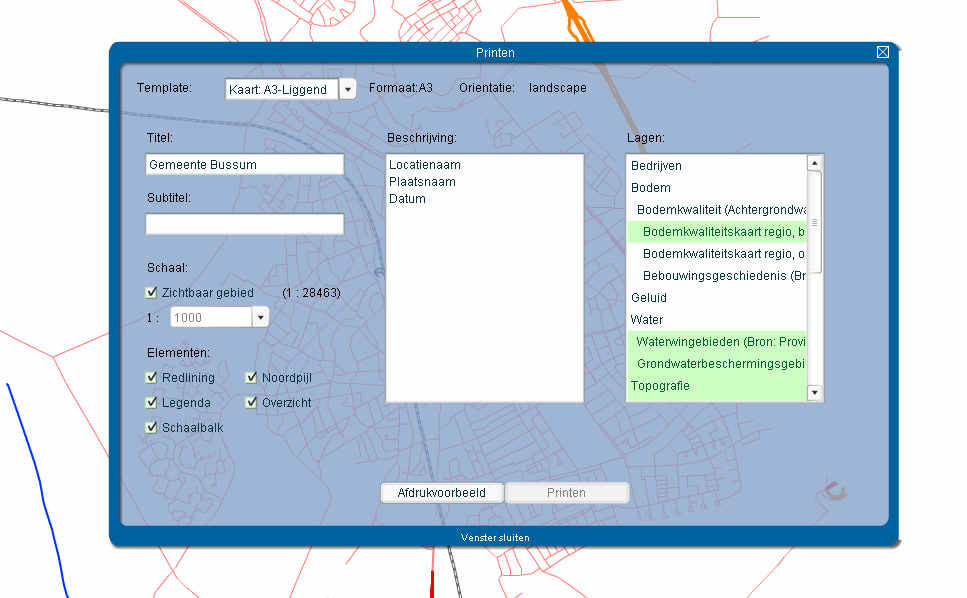 Met de printfunctie kan op elk gewenst schaalniveau en van elke kaartlaag een afdruk worden samengesteld.