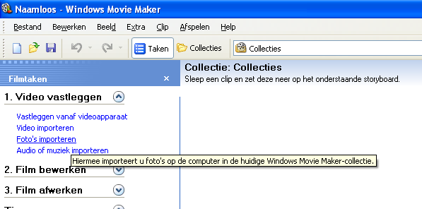 Stappenplan MovieMaker Start Windows Moviemaker Foto s Importeren Importeer je verkleinde foto s