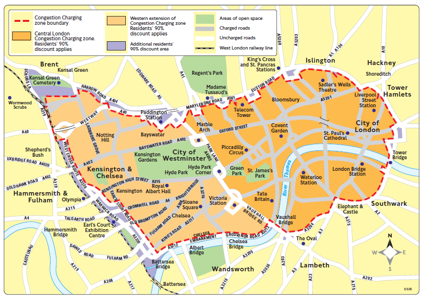 Bijlage A: Gedetailleerde fiches van de onderzochte projecten Figuur A2: Uitgebreide congestion charging zone (central London + WEZ) Startdatum Februari 2003 Einddatum - Oppervlakte 21 km² (Central