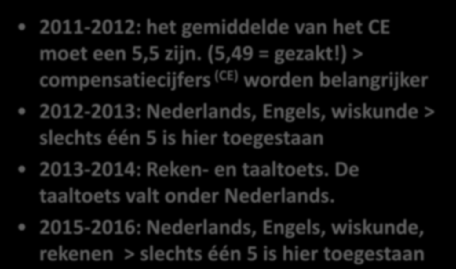 NIEUWE SLAAG-/ZAKREGELING 2011-2012: het gemiddelde van het CE moet een 5,5 zijn. (5,49 = gezakt!