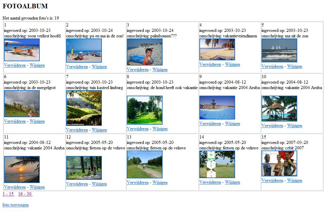 10. Fotoalbum Een fotoalbum is een mooi voorbeeld waarin alle acties met een database terugkomen. Er zijn echter ook een paar nieuwe elementen: - Hoe gaat een database om met plaatjes?
